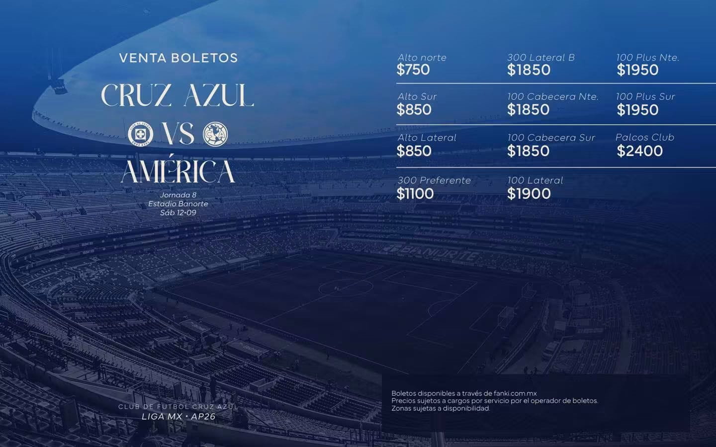 Cruz Azul anunció los precios oficiales de los boletos para el Clásico Joven ante el América del Apertura 2026.