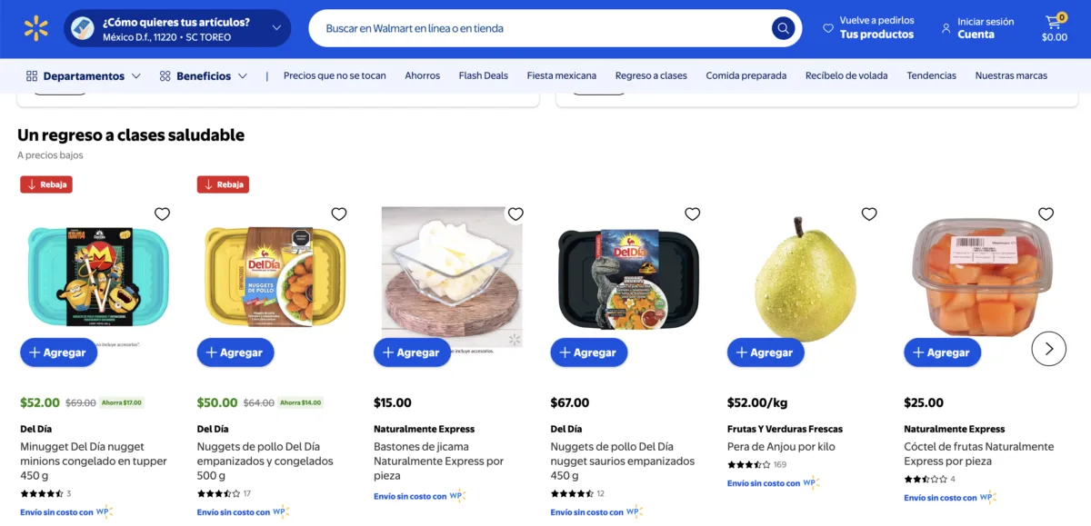 Nuggets de pollo Del Día a $50 pesos y bastones de jícama a $15 pesos en la sección Un regreso a clases saludable de Walmart del 1 de septiembre de 2026