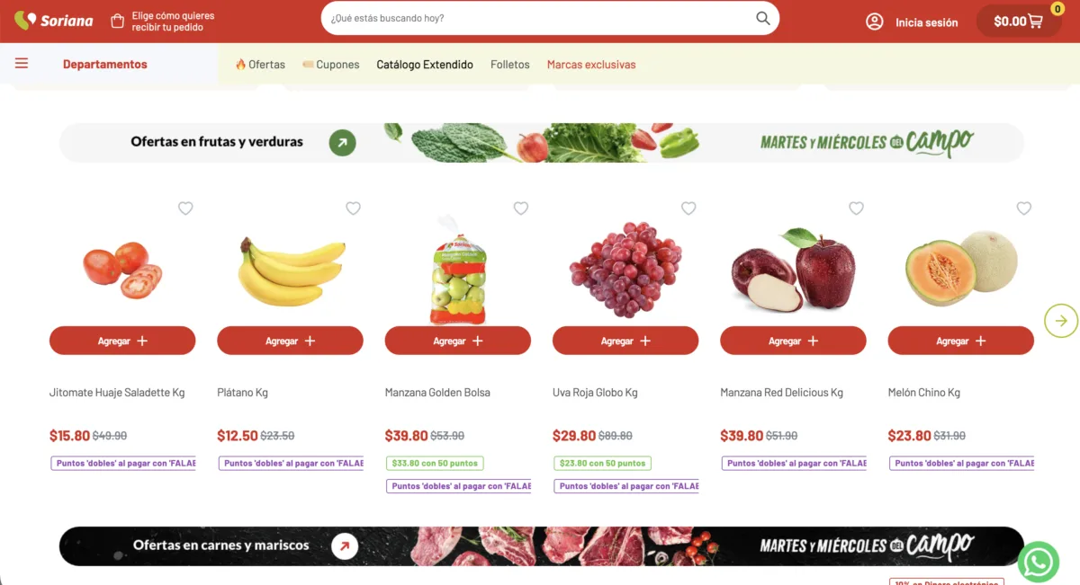 Uva roja globo a $29.80 pesos el kilo, antes $89.80 pesos, y jitomate saladette a $15.80 pesos en el Martes y Miércoles del Campo de Soriana del 1 de septiembre de 2026