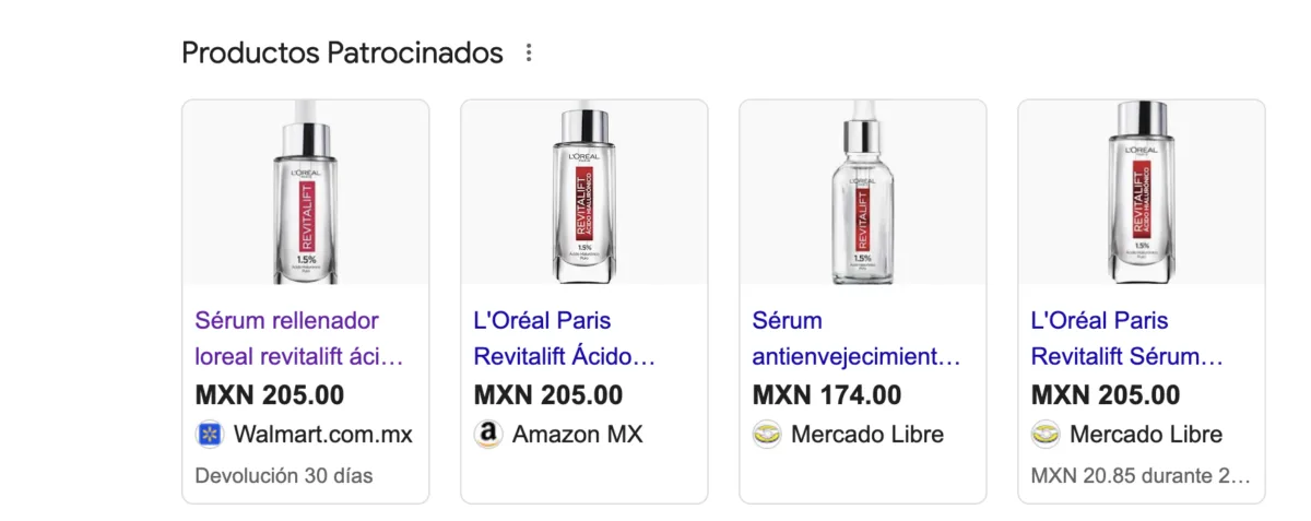 Comparativa de precios del sérum L'Oréal Revitalift Ácido Hialurónico en Walmart, Amazon y Mercado Libre desde $174 pesos
