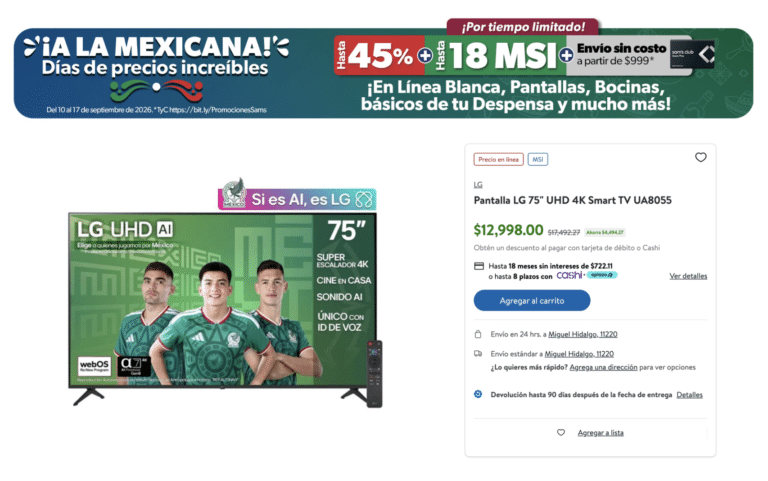 Sam's Club baja la pantalla LG de 86 pulgadas a $19,316 pesos y la de 75 a $12,998 hasta el 17 de septiembre