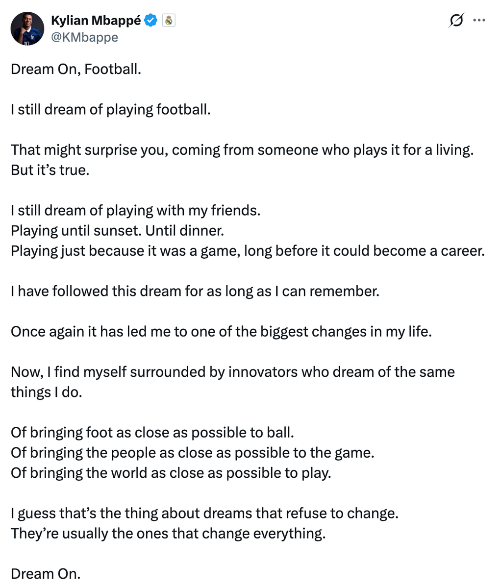 Publicación de Kylian Mbappé en X con el mensaje Dream On, Football sobre su llegada a la marca On