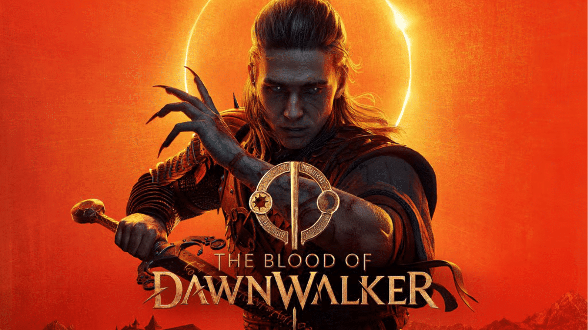 Coen, protagonista de The Blood of Dawnwalker, empuña su espada en un bosque medieval al anochecer