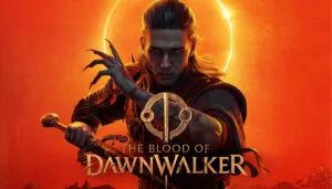 Coen, protagonista de The Blood of Dawnwalker, empuña su espada en un bosque medieval al anochecer