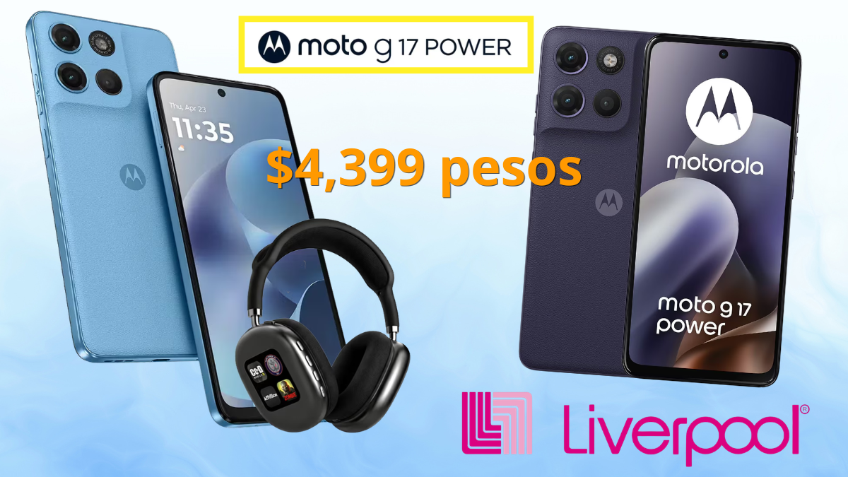 Moto G17 azul con audífonos de regalo, ideal para estudiantes, en oferta en Liverpool.