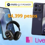 Moto G17 azul con audífonos de regalo, ideal para estudiantes, en oferta en Liverpool.