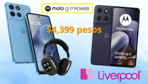 Moto G17 azul con audífonos de regalo, ideal para estudiantes, en oferta en Liverpool.