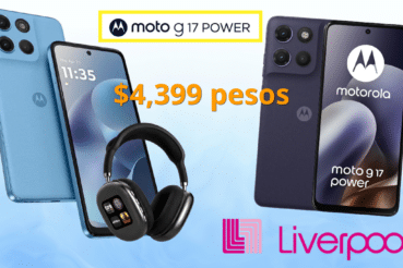 Moto G17 azul con audífonos de regalo, ideal para estudiantes, en oferta en Liverpool.