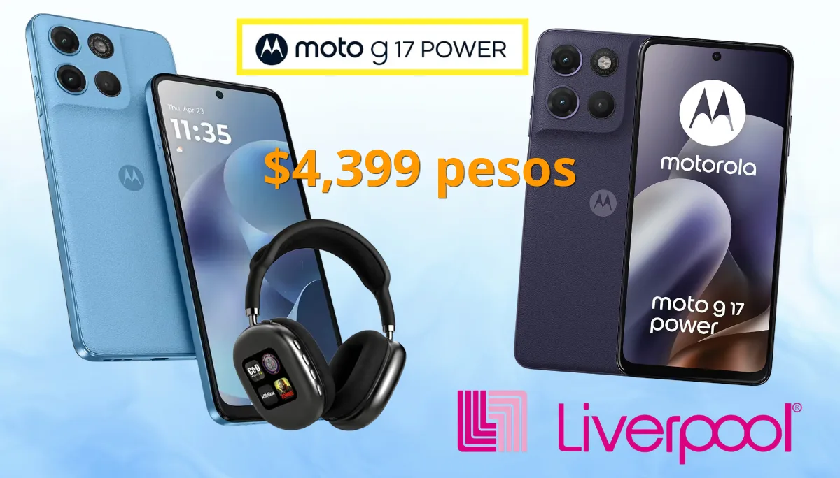 Moto G17 azul con audífonos de regalo, ideal para estudiantes, en oferta en Liverpool.