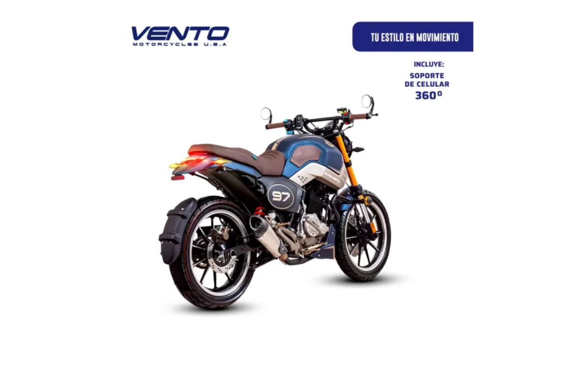 Motocicleta Vento Screamer Sportivo 300 Azul 2027 en oferta en Soriana, vista de tres cuartos trasera sobre fondo blanco