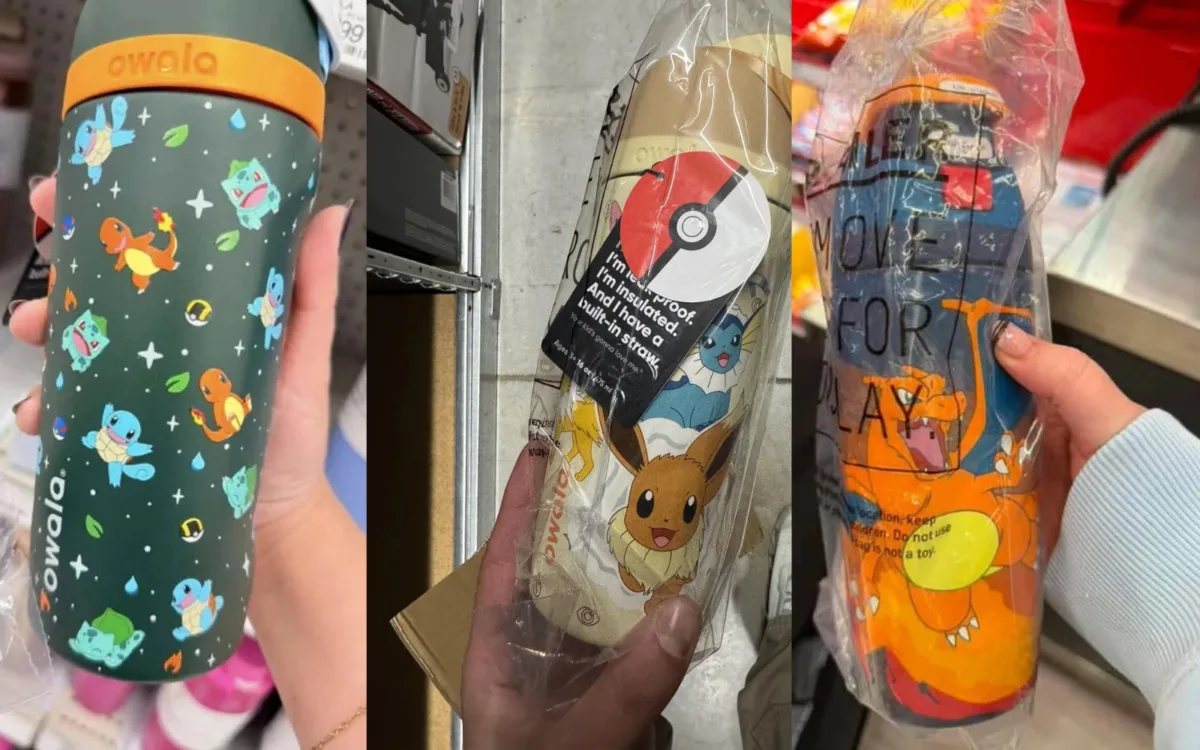 Tres botellas Owala de la colección Pokémon vistas en tienda antes del lanzamiento, con diseños de los iniciales de Kanto, Eevee y Charizard