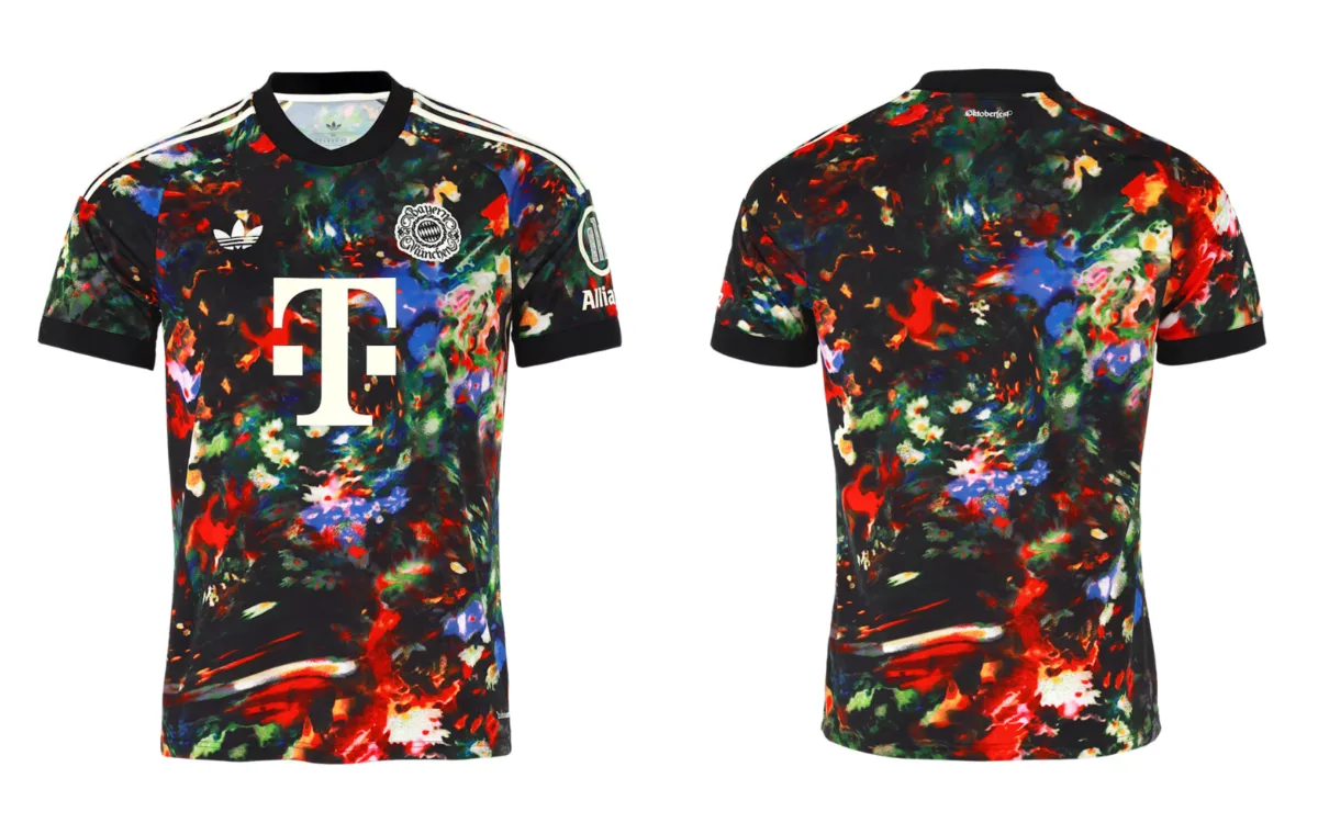 Vista frontal y trasera de la playera Oktoberfest 2026 del Bayern Múnich con estampado floral multicolor