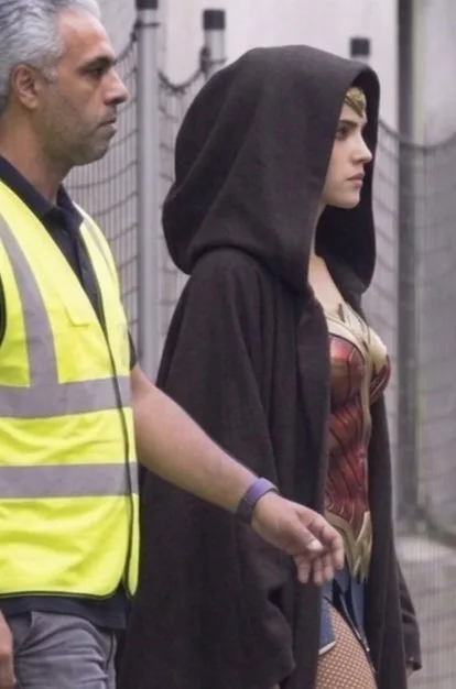 Filtración del set de Man of Tomorrow con el traje de la Mujer Maravilla y tiara dorada bajo una capa con capucha