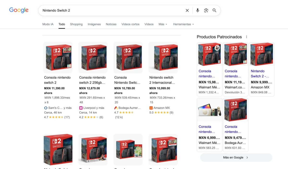 Comparador de precios de Google para Nintendo Switch 2 con la consola desde $9,479 pesos en Bodega Aurrera y $9,999 pesos en Amazon México