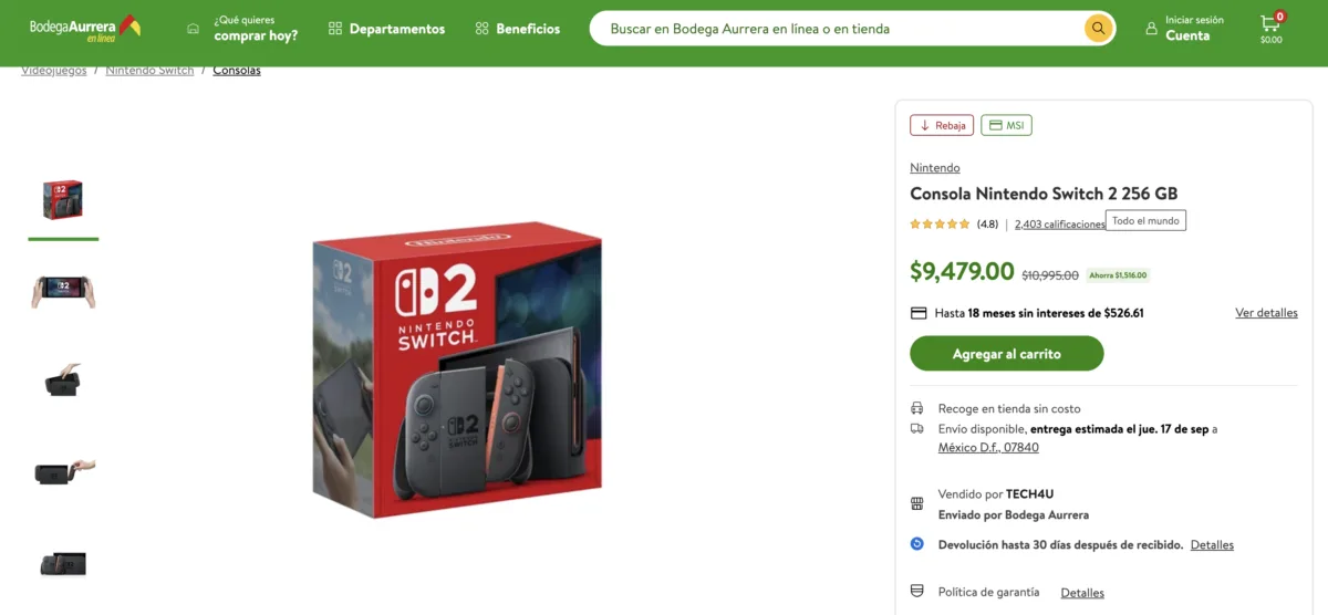 Consola Nintendo Switch 2 de 256 GB a $9,479 pesos en Bodega Aurrera en línea con 18 meses sin intereses