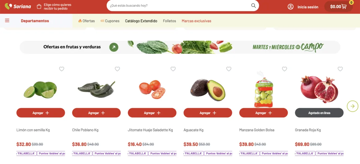 Ofertas de frutas y verduras del Martes y Miércoles del Campo de Soriana con jitomate saladette, chile poblano, manzana golden, granada roja, limón con semilla y aguacate.