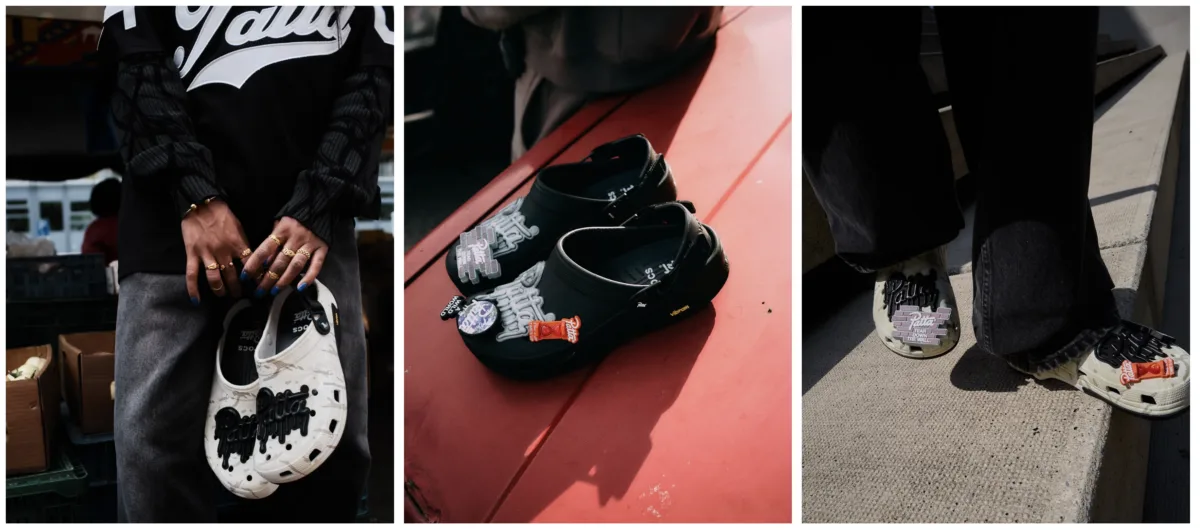Colección de Patta x Crocs Classic EXP Clog en Almost White y Black con logo goteado y Jibbitz de ladrillos, reloj de arena y globo terráqueo