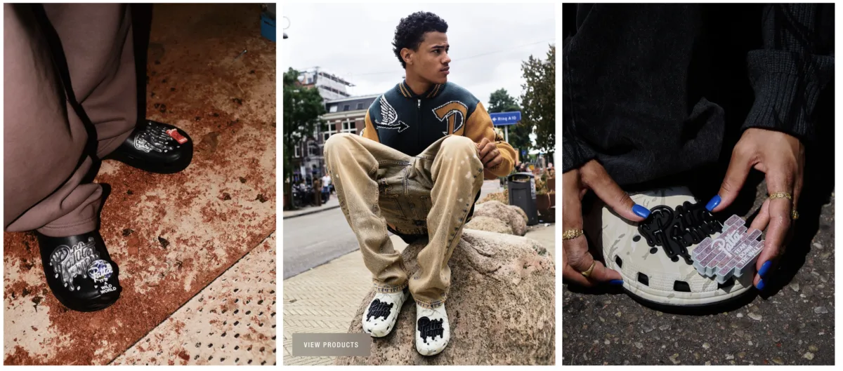 Campaña de la Patta x Crocs Classic EXP Clog en las calles de Ámsterdam con los modelos Black y Almost White y sus Jibbitz de edición especial