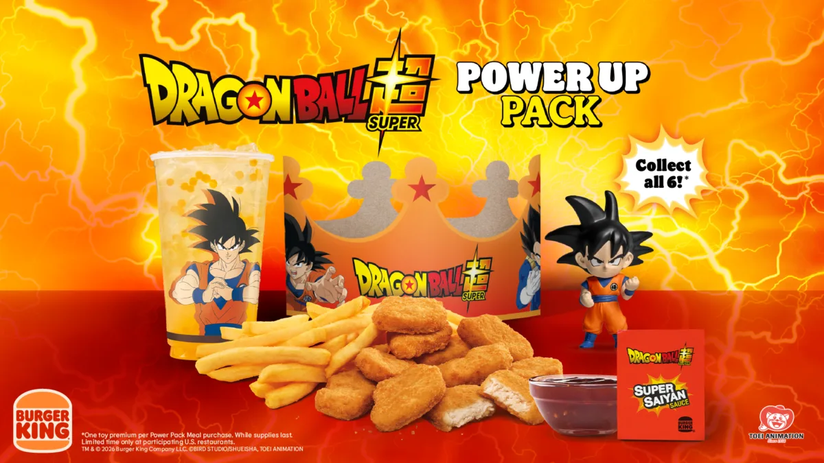 Combo Dragon Ball Super Power Up Pack de Burger King con nuggets, papas, limonada con perlas, corona temática, salsa Super Saiyan y figura de Goku