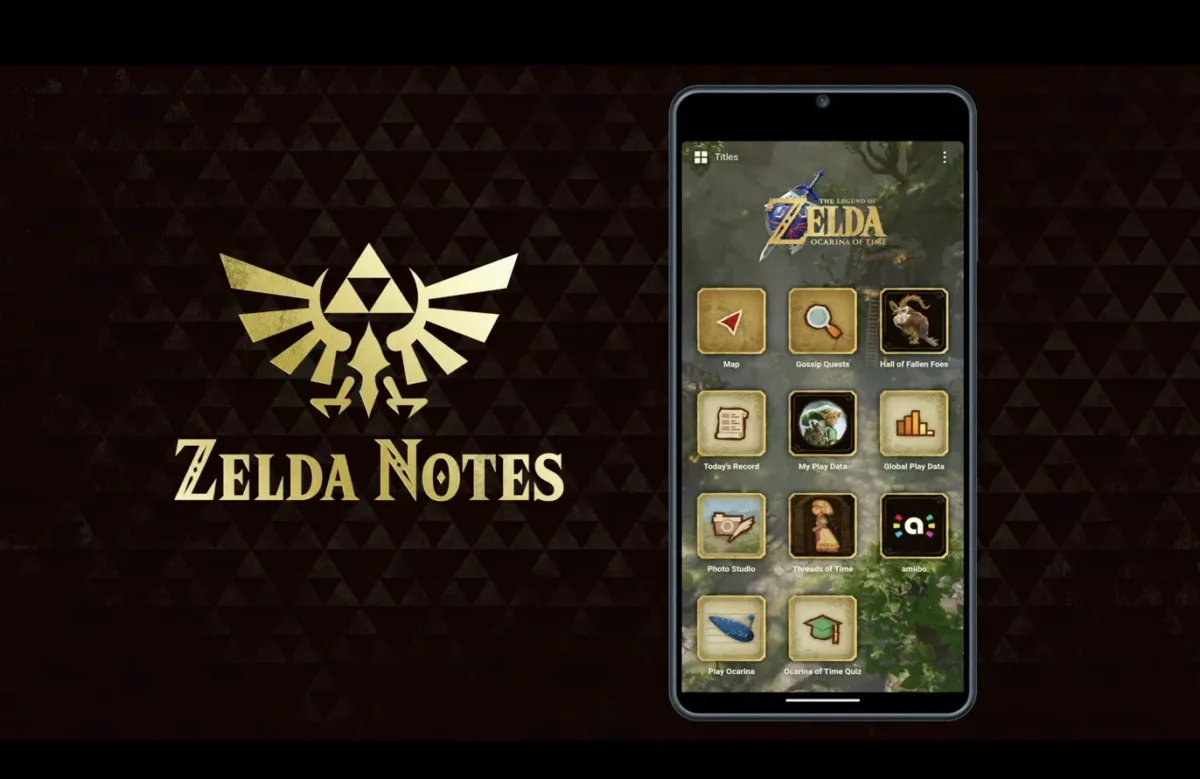 Menú de Zelda Notes en un celular con las funciones de Ocarina of Time para Nintendo Switch 2