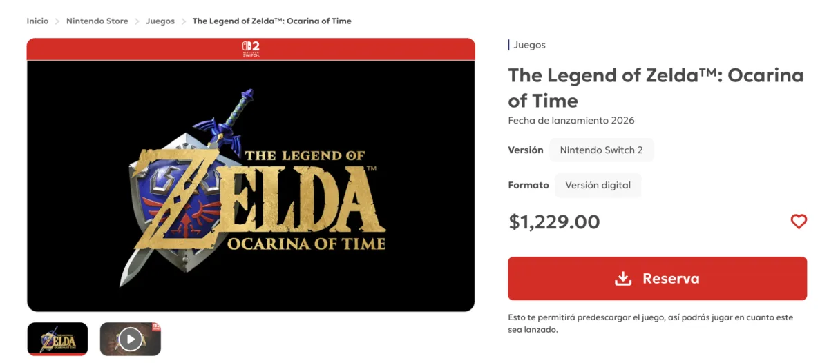 preventa de Ocarina of Time en la Nintendo Store de México con precio de $1,229 pesos