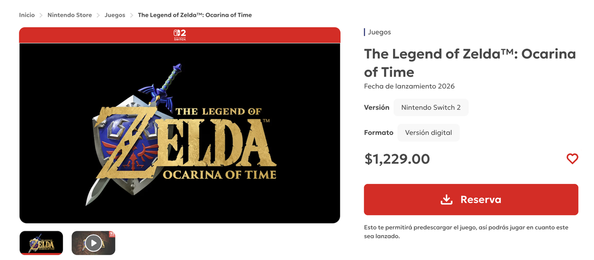 preventa de Ocarina of Time en la Nintendo Store de México con precio de $1,229 pesos