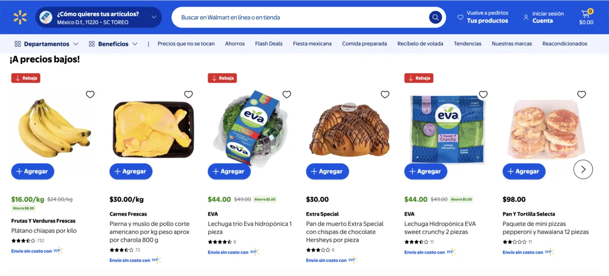 Plátano Chiapas a $16 pesos el kilo con etiqueta de rebaja en la sección de precios bajos de Walmart durante el Martes de Frescura del 8 de septiembre