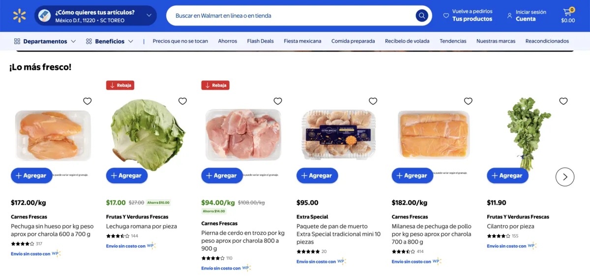 Lechuga romana a $17 pesos la pieza y pierna de cerdo a $94 pesos el kilo en la sección Lo más fresco de Walmart durante el Martes de Frescura del 8 de septiembre