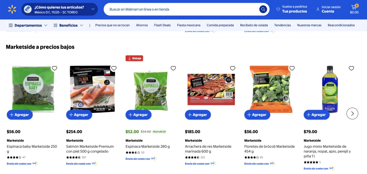 Espinaca, salmón y arrachera de la marca Marketside con sus precios en la sección Marketside a precios bajos de Walmart el 8 de septiembre