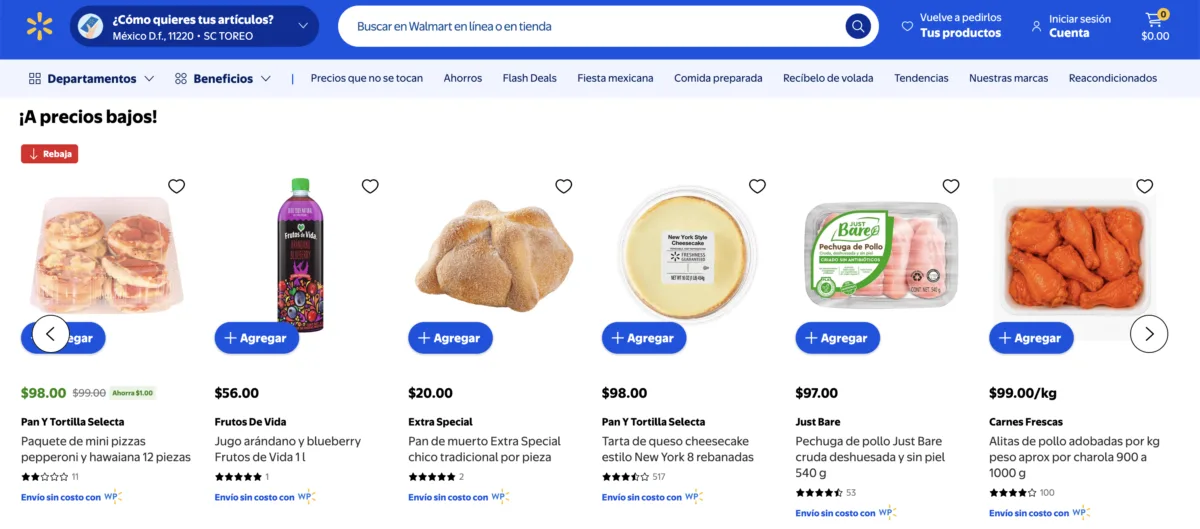 Pan de muerto Extra Special a $20 pesos la pieza junto a otros productos de la sección de precios bajos de Walmart el 8 de septiembre