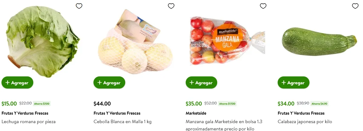 Bodega Aurrera con precios del Tianguis de Mamá Lucha en lechuga romana, cebolla blanca en malla, manzana gala Marketside y calabaza japonesa