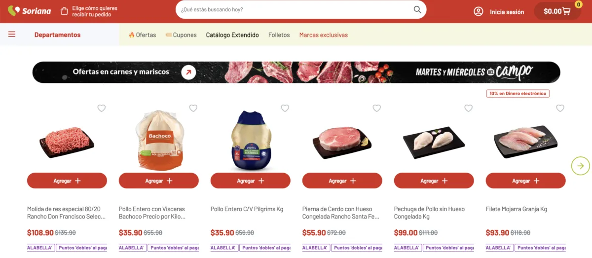 Pollo entero Bachoco y Pilgrim's a $35.90 pesos el kilo en la sección de carnes del Martes y Miércoles del Campo de Soriana el 8 de septiembre