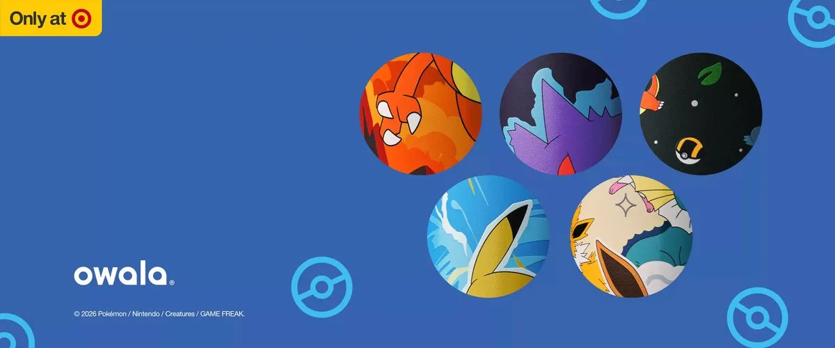 Teaser oficial de la colección Pokémon x Owala exclusiva de Target, con 5 diseños de los termos que saldrán de la colección.
