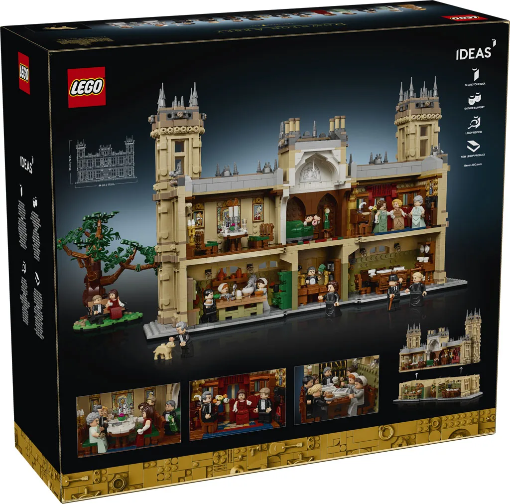 Parte trasera de la caja del set LEGO Ideas Downton Abbey 21373 con el interior de dos niveles y las minifiguras en cada estancia