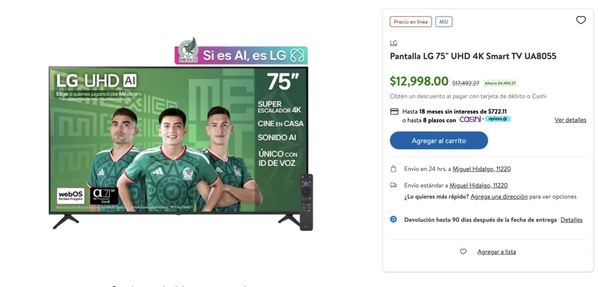 Pantalla LG 75 pulgadas UHD 4K Smart TV UA8055 en oferta en Sam's Club a $12,998 pesos con 18 meses sin intereses
