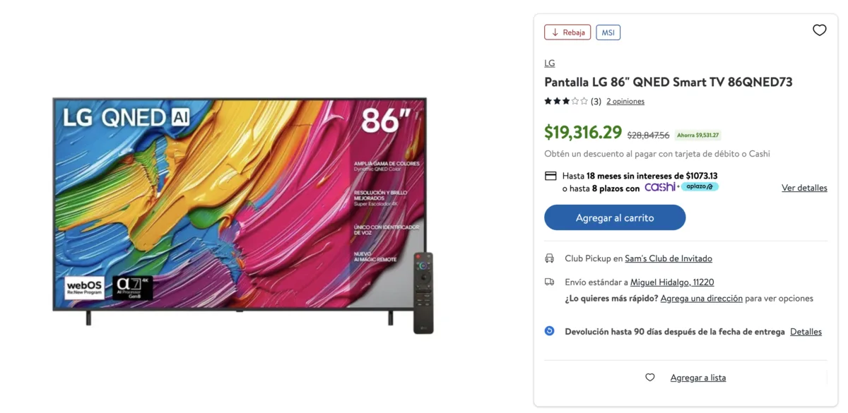 Pantalla LG 86 pulgadas QNED Smart TV 86QNED73 en oferta en Sam's Club a $19,316.29 pesos con 18 meses sin intereses