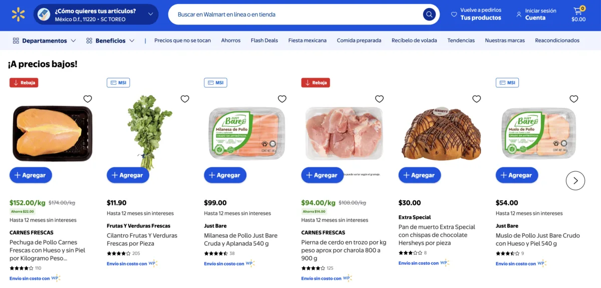 Sección A precios bajos del Martes de Frescura de Walmart con pechuga de pollo a $152 pesos y pierna de cerdo a $94 pesos el kilo