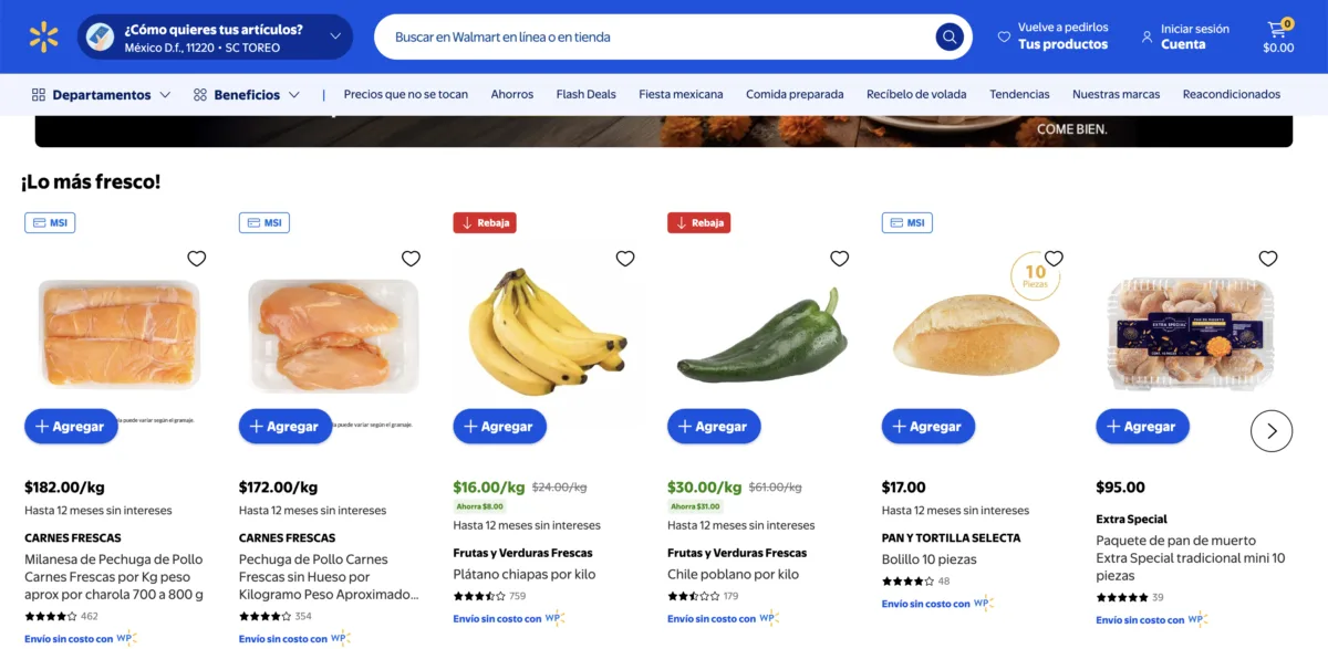 Sección Lo más fresco del Martes de Frescura de Walmart con plátano Chiapas a $16 pesos y chile poblano a $30 pesos el kilo