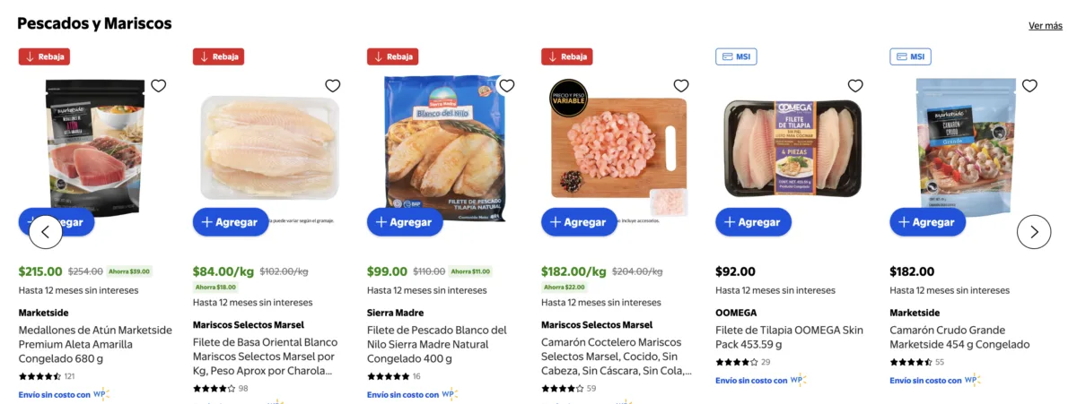 Sección de Pescados y Mariscos del Martes de Frescura de Walmart con camarón coctelero a $182 pesos y filete de basa a $84 pesos el kilo