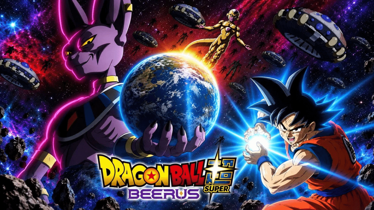 Imagen promocional de Dragon Ball Super: Beerus con Goku y Beerus, el Dios de la Destrucción, frente al espacio y la Tierra