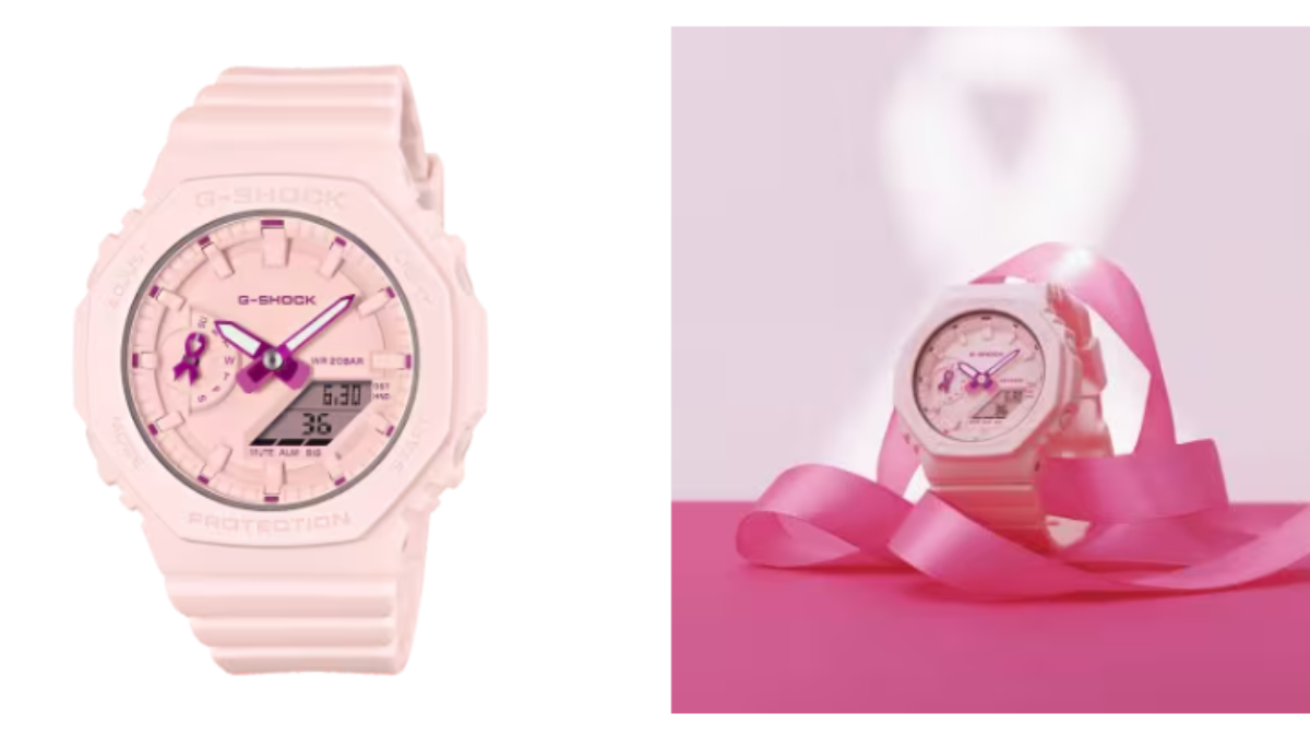 Reloj Casio G-Shock rosa pastel con un indicador en forma de lazo rosa en la carátula.