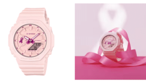 Reloj Casio G-Shock rosa pastel con un indicador en forma de lazo rosa en la carátula.