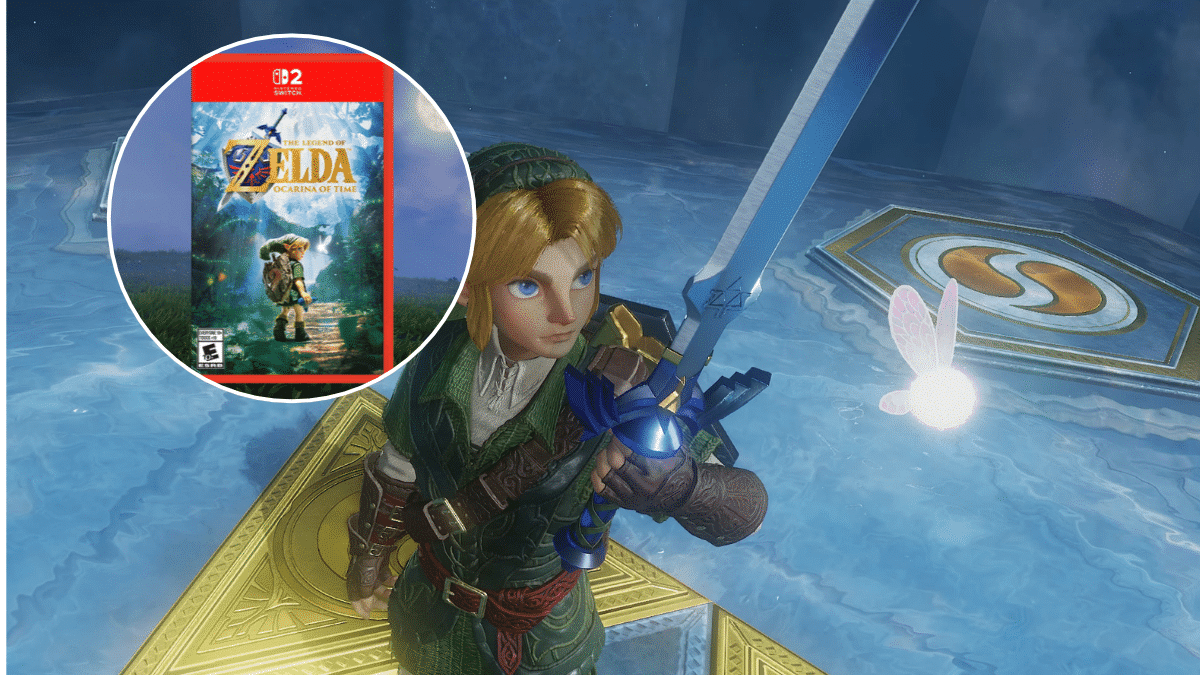 Caja de The Legend of Zelda: Ocarina of Time para Nintendo Switch 2 con portada metalizada que muestra a Link en un bosque
