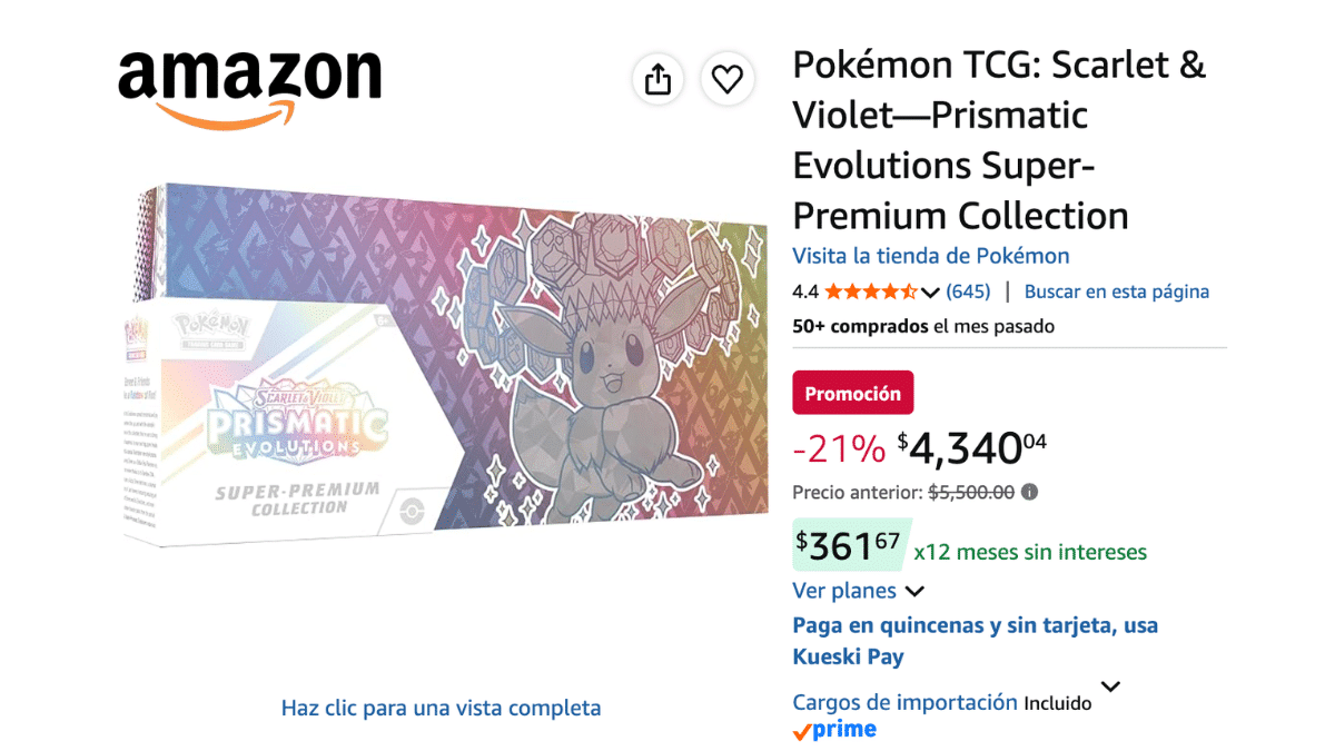 Pokémon Prismatic Evolutions Super-Premium Collection baja de $5,500 a $4,340 pesos en Amazon con 12 meses sin intereses hoy.