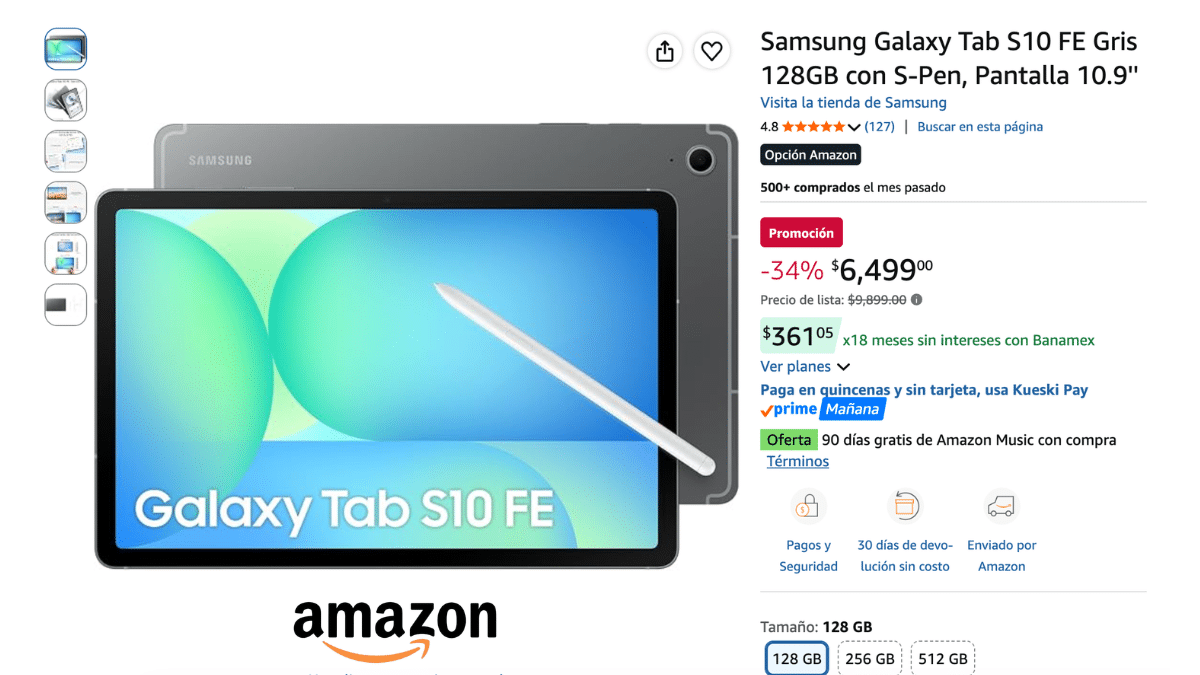 Samsung Galaxy Tab S10 FE con S-Pen baja de $9,899 a $6,499 pesos en Amazon y con cupón bancario podría llegar a $5,779 pesos.