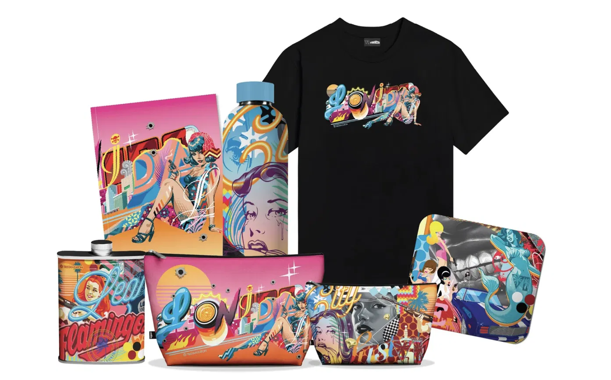 Bundle Tristan Eaton x GTA 6 Vice City con playera Leonida y cinco accesorios, a la venta en Wynwood Walls en unos $3,520 pesos mexicanos